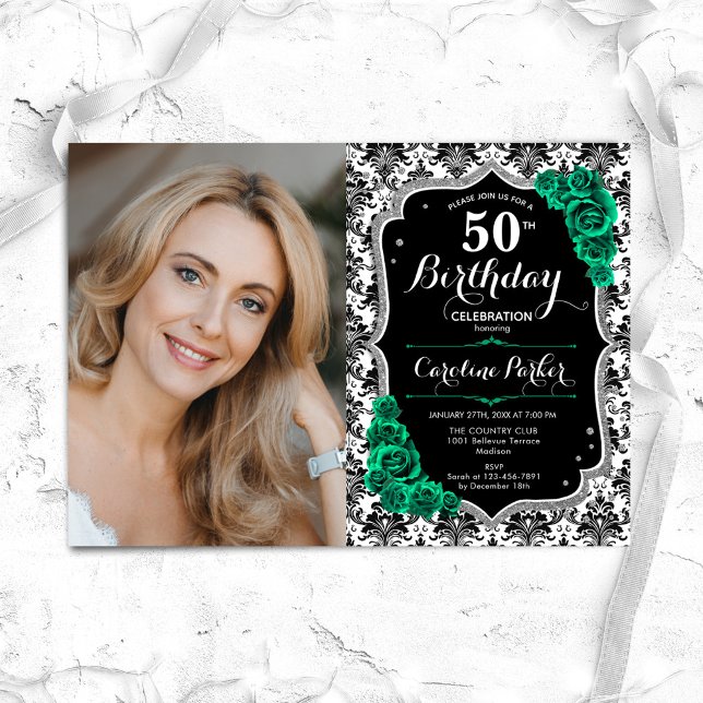 Convite Emerald Green Rosas Damask Foto 50th Birthday (Criador carregado)