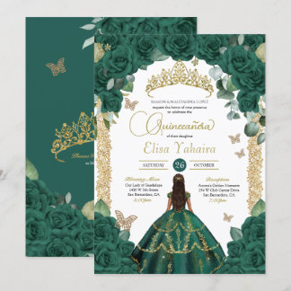 Convite Emerald Green Rosas e Dourada Borboleta Quinceaner