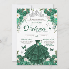 Convite Emerald Green Rosas e Silver Butterfly Quinceanera