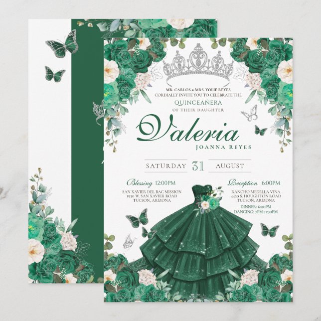 Convite Emerald Green Rosas e Silver Butterfly Quinceanera (Frente/Verso)