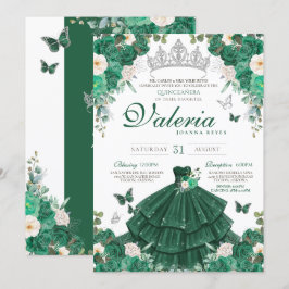 Convite Emerald Green Rosas e Silver Butterfly Quinceanera