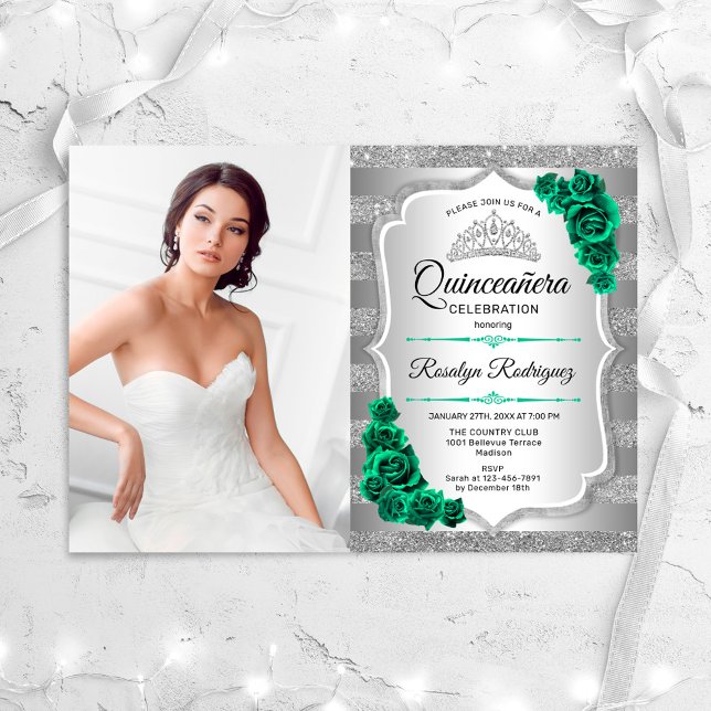 Convite Emerald Green Rosas Silver Photo Quinceanera (Criador carregado)