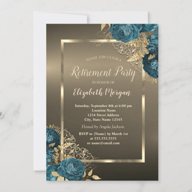 Convite  Emerald Green Roses Frame Brown Retirement Party (Frente)
