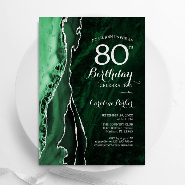 Convite Emerald Green Silver Agate 80 Birthday (Criador carregado)