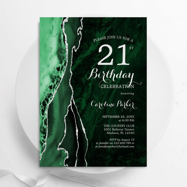 Convite Emerald Green Silver Agate aniversário de 21 anos (Criador carregado)
