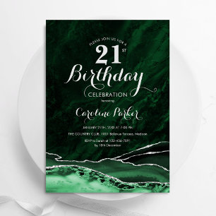 Convite Emerald Green Silver Agate Marble aniversário de 2