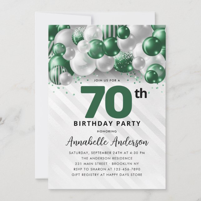 Convite Emerald Green Silver Balloon Glitter 70 Birthday (Frente)