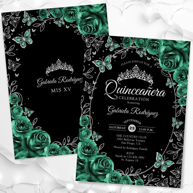 Convite Emerald Green Silver Black Quinceanera (Criador carregado)