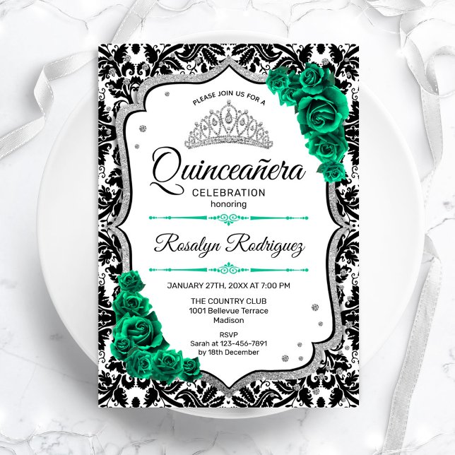Convite Emerald Green Silver Elegante Damask Quinceanera (Criador carregado)