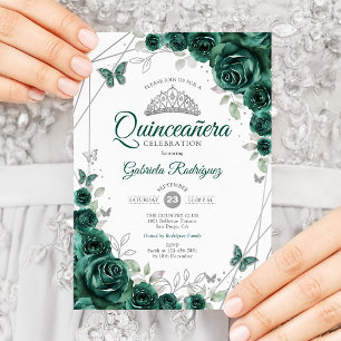 Convite Emerald Green Silver Floral Quinceanera