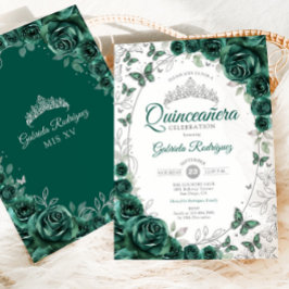 Convite Emerald Green Silver Floral Quinceanera