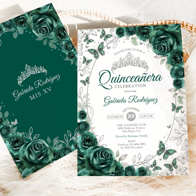 Convite Emerald Green Silver Floral Quinceanera (Criador carregado)