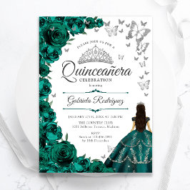 Convite Emerald Green Silver Floral Quinceanera