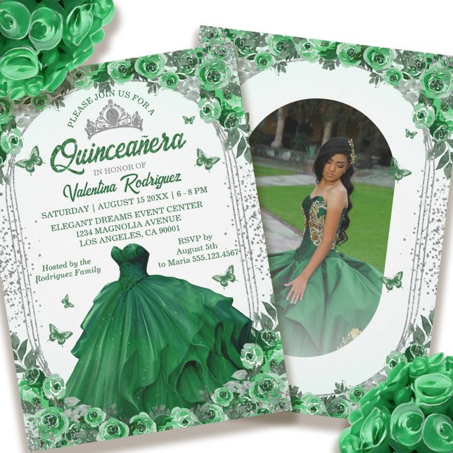 Convite Emerald Green Silver Glitter Floral Quinceanera (Emerald Green Silver Glitter Floral Quinceanera Invitation)