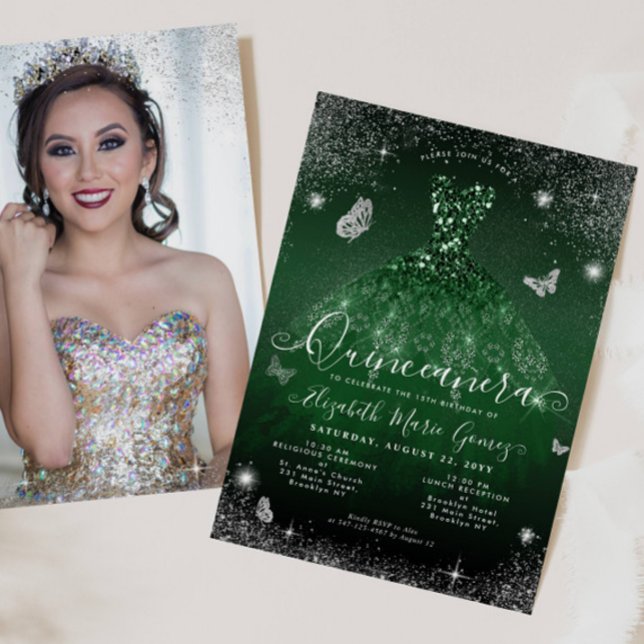 Convite Emerald Green Silver Glitter Photo Quinceanera (Criador carregado)