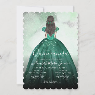 Convite Emerald Green Silver Glitter Princess Quinceañera