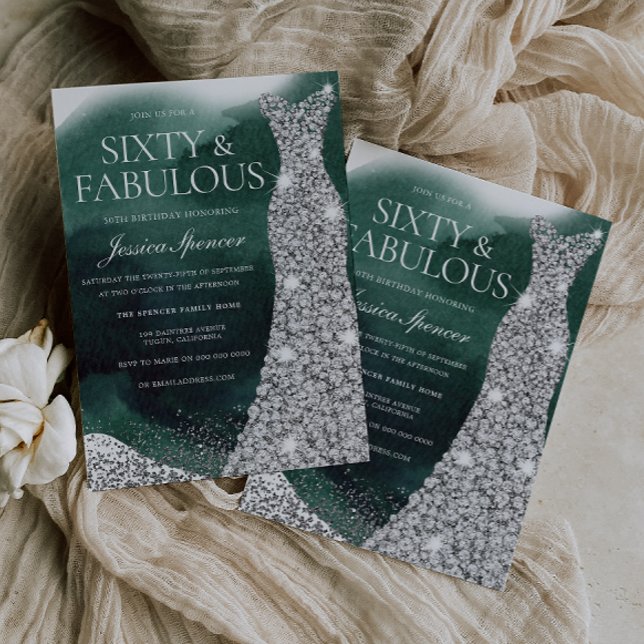 Convite Emerald Green & Silver Gown 60ª Festa de aniversár (Criador carregado)