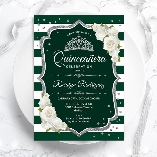 Convite Emerald Green Silver White Elegante Quinceanera (Criador carregado)
