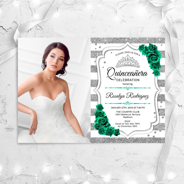 Convite Emerald Green Silver White Photo Quinceanera (Criador carregado)