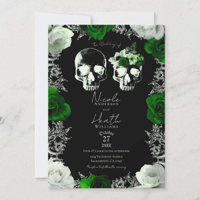 Convite Emerald Green Skeleton Skull Rosas Casamento Gótic (Frente)