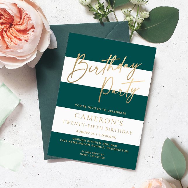 Convite Emerald Green Stripe Dourado Aniversário (Emerald Green Stripe Birthday Invitation )