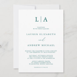Convite Emerald Green Teal Monograma Casamento Minimalista