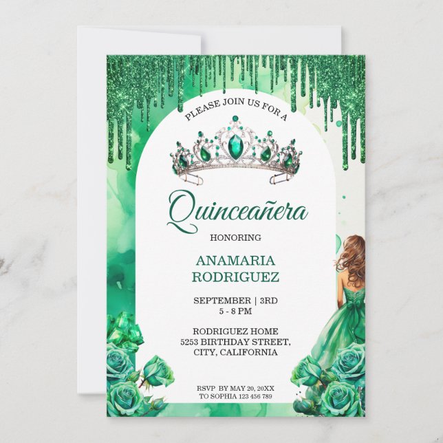 Convite Emerald Green Tiara Quinceañera Rosas Arco Floral (Frente)