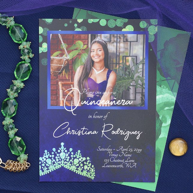 Convite Emerald Green Tiara, Sapphire Blue Quinceanera (Sapphire blue, emerald green tiara crown quinceanera invitations, elegant royal blue and green)