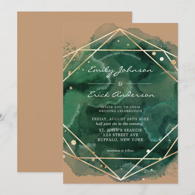 Convite Emerald Green Watercolor Dourado Tan Wedding (Frente/Verso)