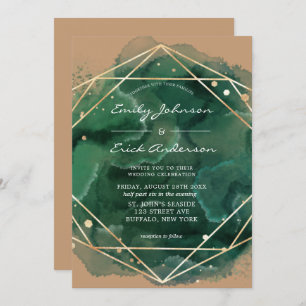 Convite Emerald Green Watercolor Dourado Tan Wedding