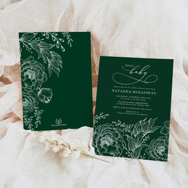 Convite Emerald Green White Floral Chá de fraldas Botânico (Criador carregado)