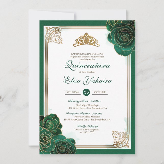 Convite Emerald Green White Rosas Dourados Royal Quinceane (Frente)