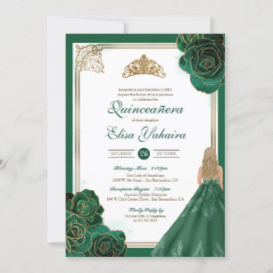 Convite Emerald Green White Rosas Dourados Royal Quinceane