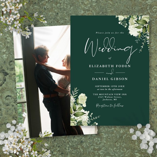 Convite Emerald Greenery deixa um casamento de fotos elega (Emerald Greenery Leaves Elegant Photo Wedding Invitation)