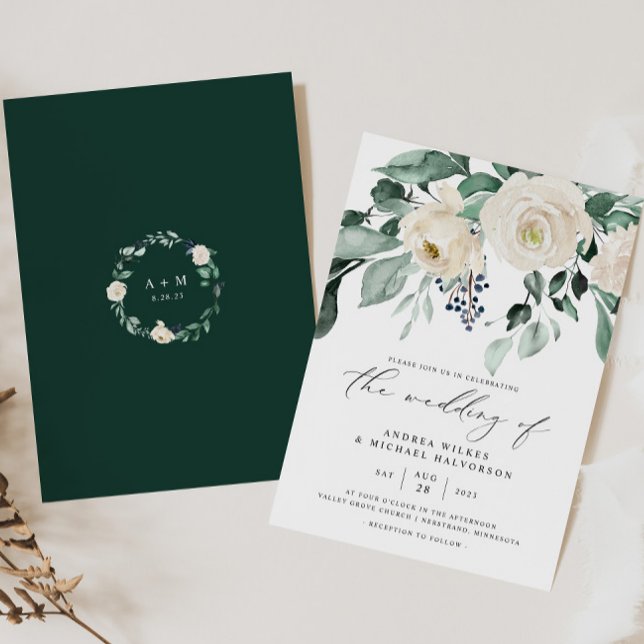 Convite Emerald Greenery Elegant Wedding (Emerald Greenery Wedding Invitation - Boho Woodsy Rustic Elegant Wedding)