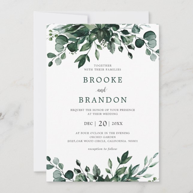 Convite Emerald Greenery Eucalyptus Botanical Wedding Invi (Frente)