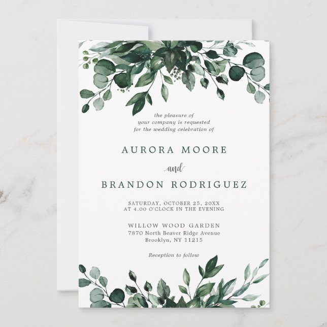 Convite Emerald Greenery Eucalyptus Botanical Wedding Invi (Frente)