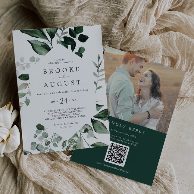 Convite Emerald Greenery Foto QR Code Back Wedding (Criador carregado)