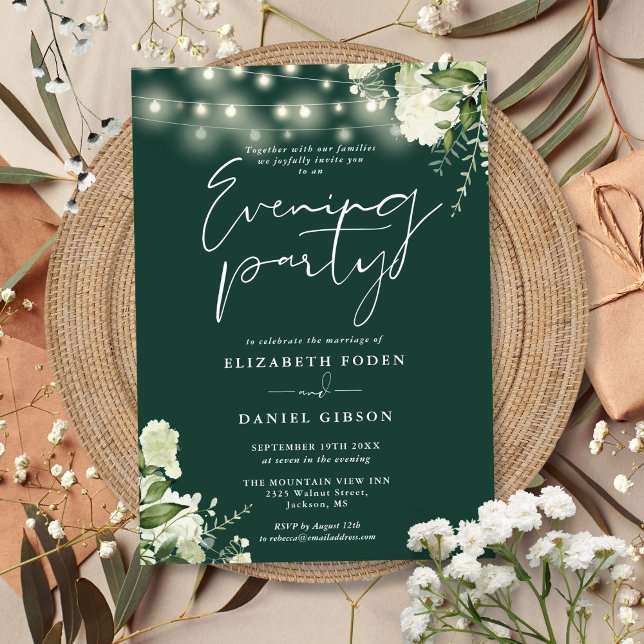 Convite Emerald Greenery Luz Festa Noite de Casamento (Emerald Greenery Lights Wedding Evening Party Invitation)