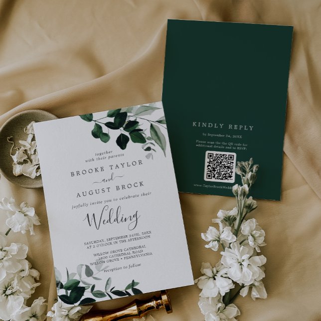 Convite Emerald Greenery Moody deixa código QR Casamento R (Emerald Greenery Moody Leaves QR Code RSVP Wedding Invitation)
