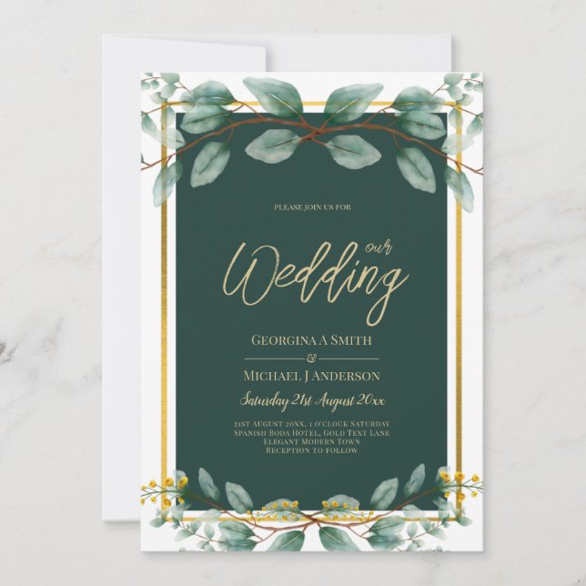 Convite Emerald Greenery Wedding Botanical Nature Convide (Frente)