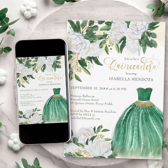Convite Emerald Greenery White Peony Princesa Quinceanera (Princess Gown quinceanera invitation from my Emerald Greenery and White Peony Collection)