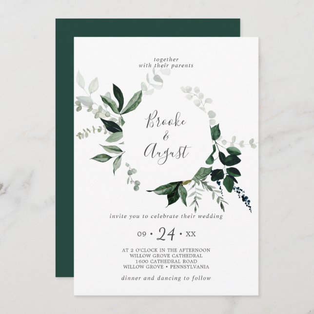 Convite Emerald Greenery Wreath Wedding (Frente/Verso)