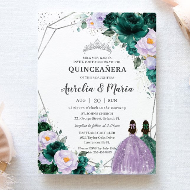 Convite Emerald Purple Floral Twins Quinceañera Silver (Criador carregado)
