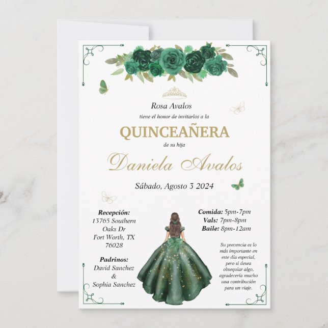 Convite Emerald Quinceañera em espanhol (Frente)
