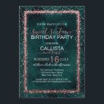 Convite Emerald Rosa Dourado Confetti Sweet 16<br><div class="desc">O elegante, glamouroso e moderno convite de aniversário de dezesseis anos é perfeito para o evento contemporâneo e na moda. Ele apresenta uma borda de confete brilhante brilhante brilhante, cor de rosa rosa rosa, falsa, impressa em cima de um fundo de cor d'água verde esmeralda artística. O verso exibe a...</div>