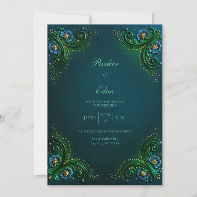 Convite Emerald Sapphire Filigree Wedding (Frente)