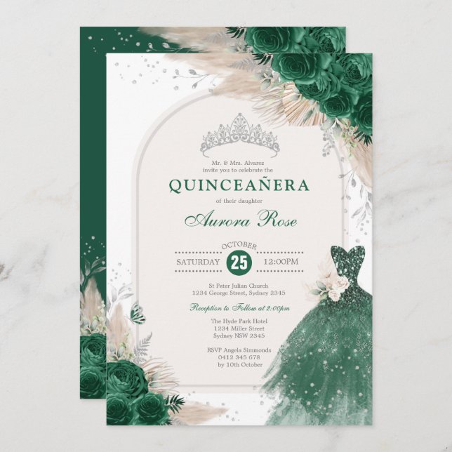 Convite Emerald Silver Boho Rosa Princess Quinceañera (Frente/Verso)
