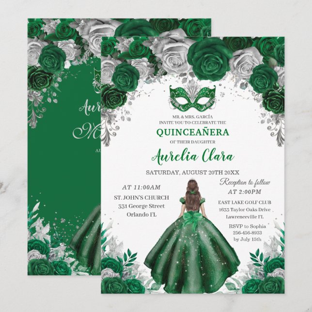 Convite Emerald Silver Floral Mascarada Ball Quinceañera (Frente/Verso)