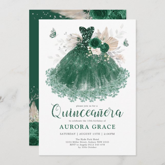 Convite Emerald Silver Flower Quinceañera Mis Quince Anos (Frente/Verso)